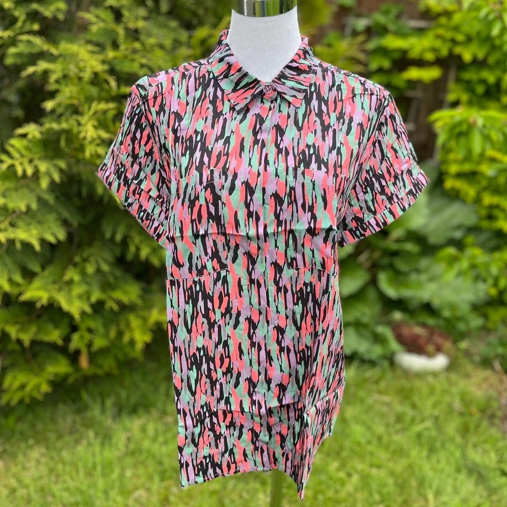 Wildfang The Empower SS Button Up Shirt Abstract Multi Color Rayon WN8600 Small - Picture 1 of 7